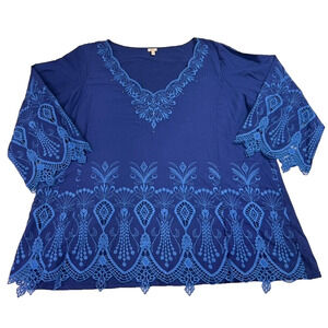 REBA Blouse Top Women's Plus Size 2X Blue Embroidered & Crochet V Neck